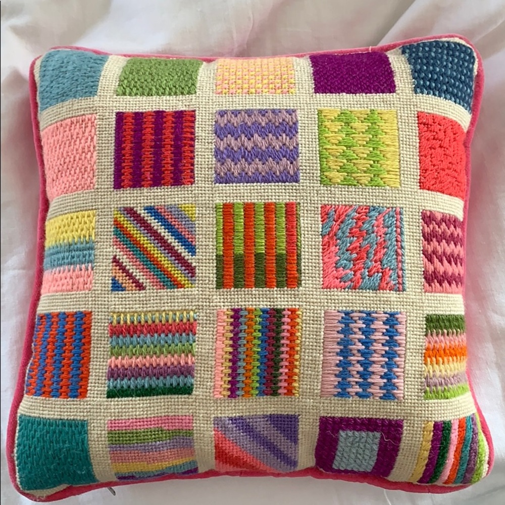 Vintage Multicolor Patchwork Needlepoint Accent Pillow - Pink Trim